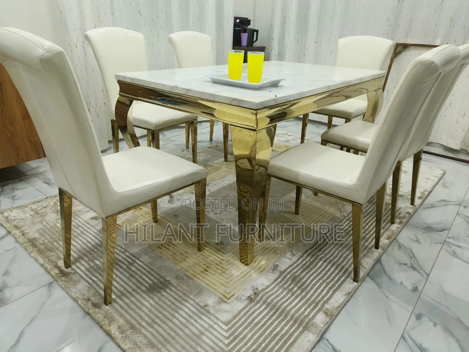 White and Gold Premium Six-Seater Marble Dining