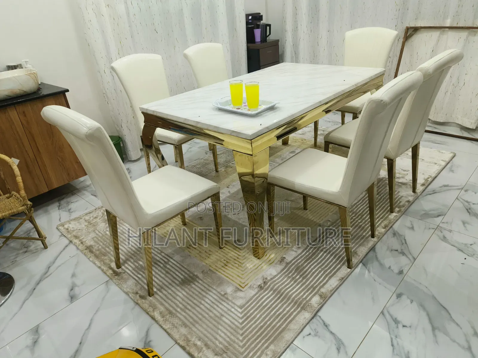 White and Gold Premium Six-Seater Marble Dining