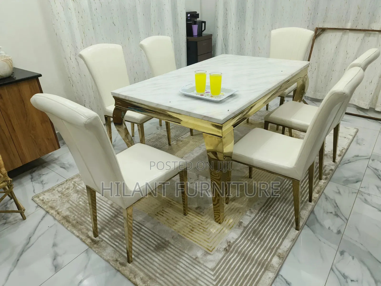 White and Gold Premium Six-Seater Marble Dining