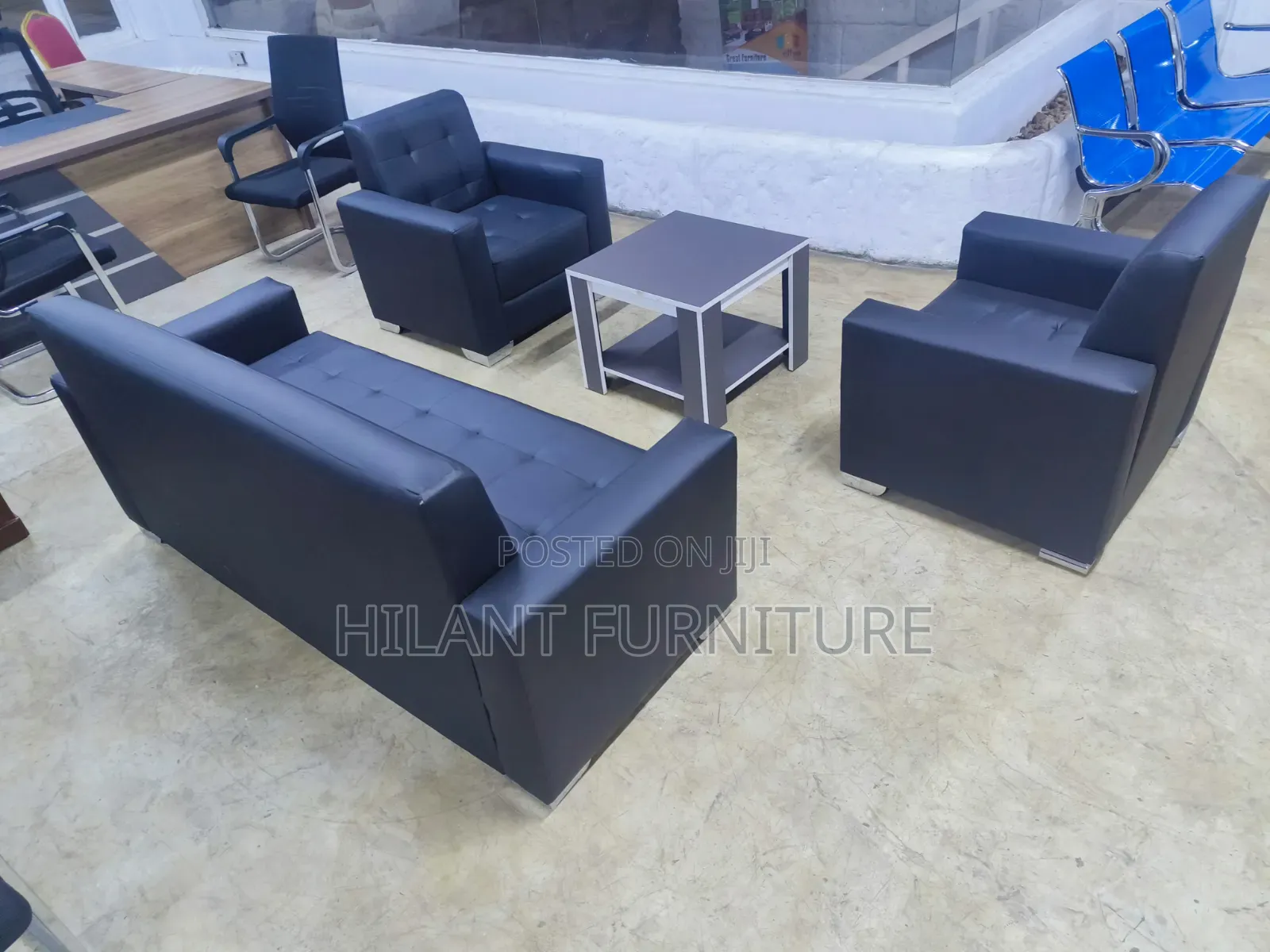 Black Five-Seater Leather Office Sofa Set