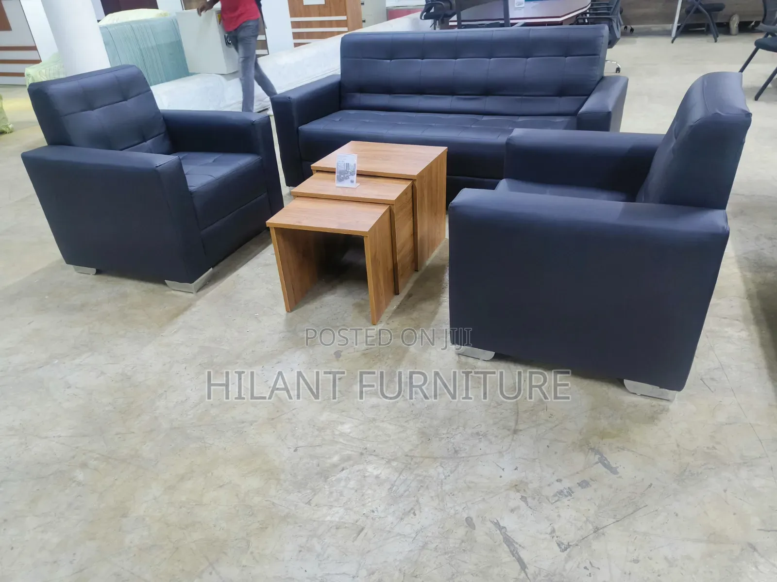 Black Five-Seater Leather Office Sofa Set
