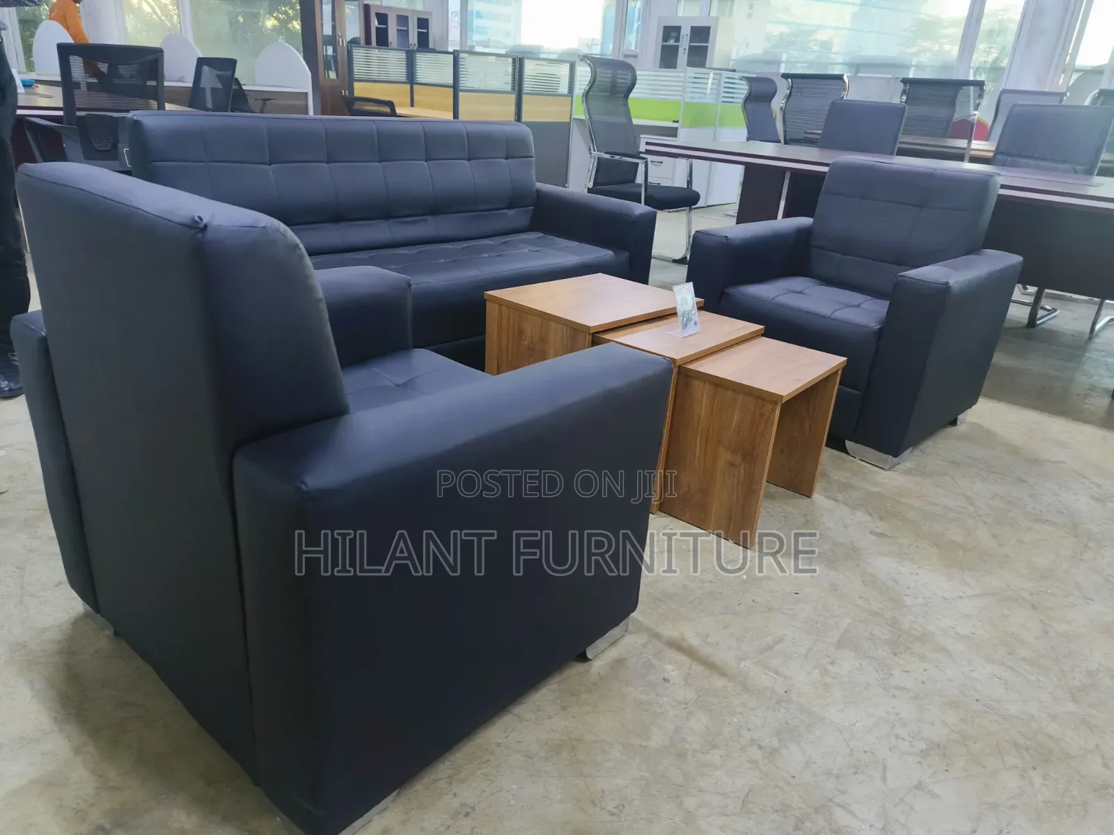 Black Five-Seater Leather Office Sofa Set