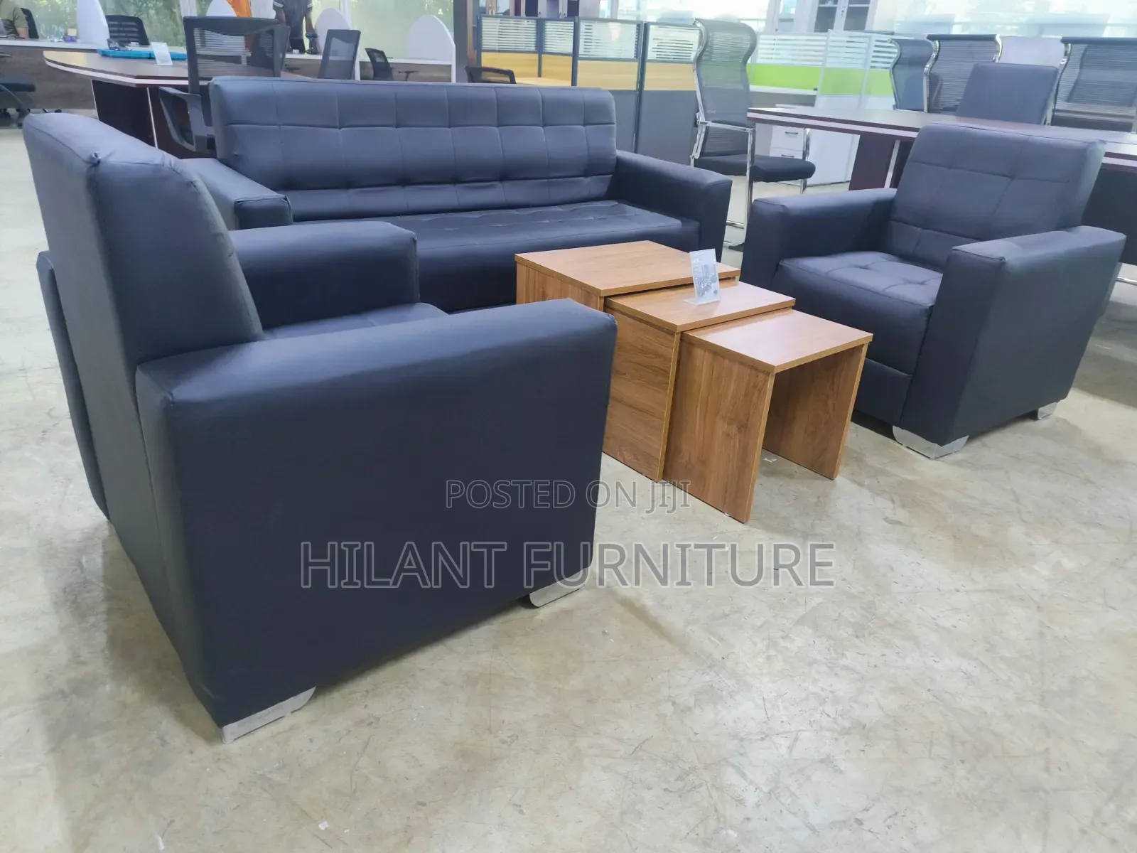 Black Five-Seater Leather Office Sofa Set