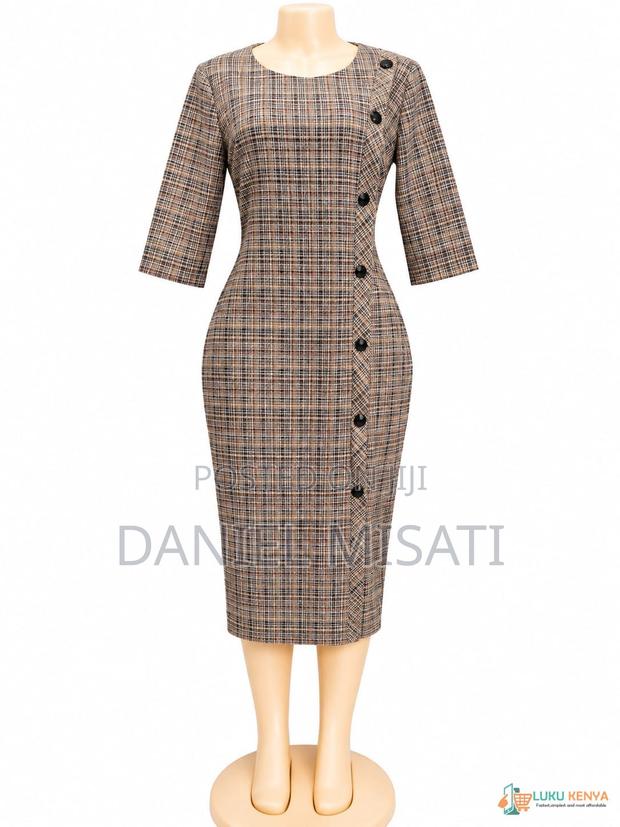 Elegant Brown & Black Plaid Button-Detail Pencil Dress