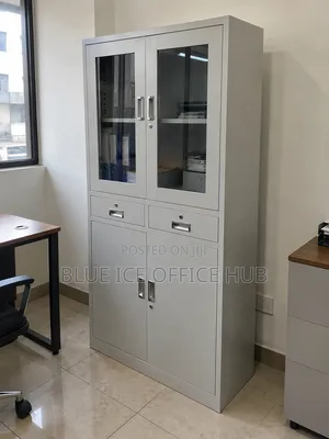 Office Storage Cabinet With Glass Doors & Drawers – Lockable