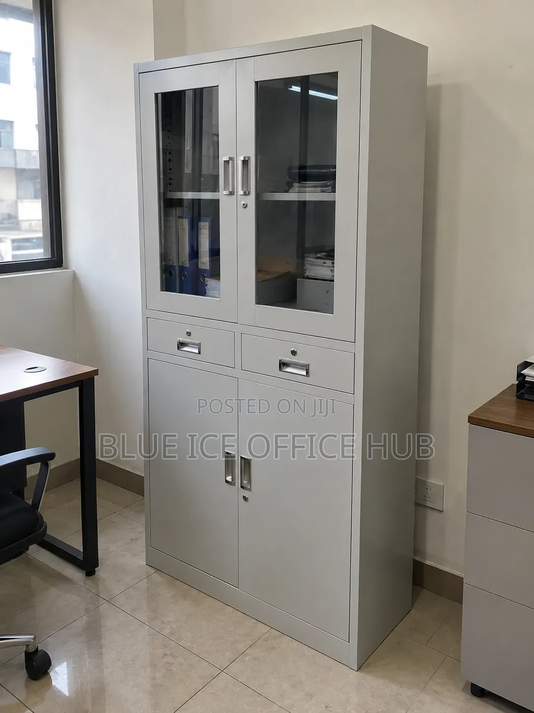 Office Storage Cabinet With Glass Doors & Drawers – Lockable