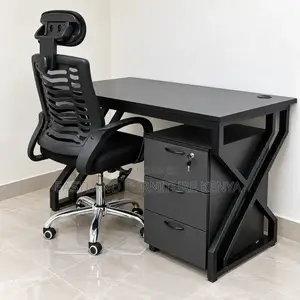 Modern Black Office Desk With Ergonomic Mesh Chair & 3-Drawer Pedestal