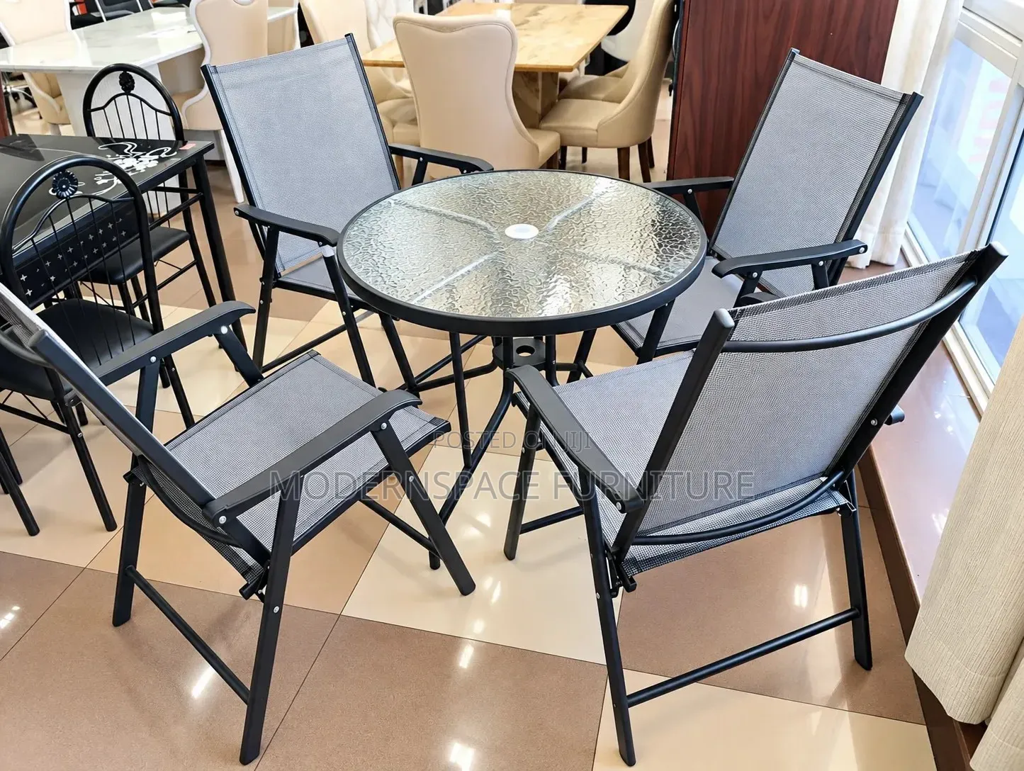 Outdoor Dining Set | Glass Table & Foldable Chairs