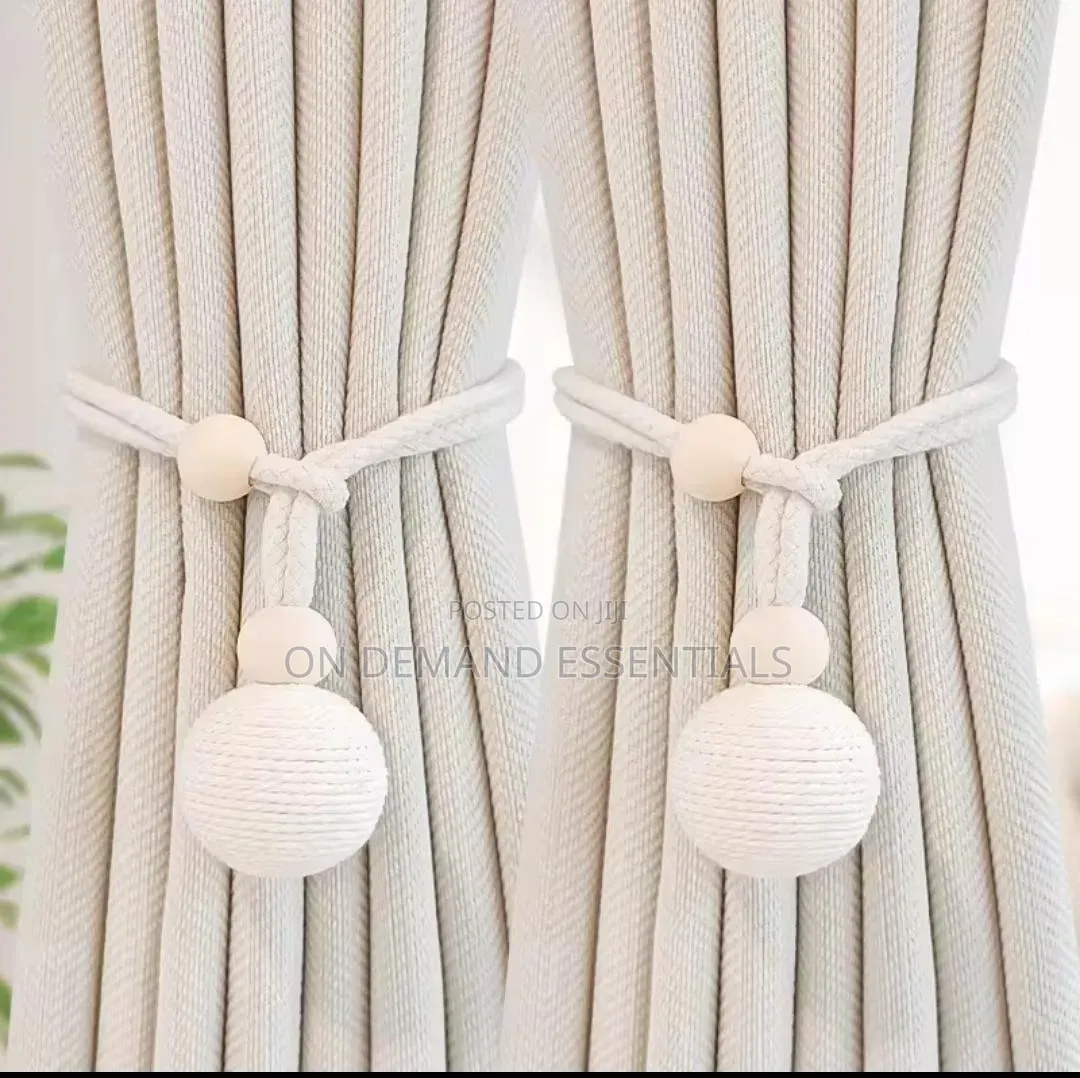 Curtain Tieback With Natural Wood Bead& Knotted Ball Pair