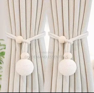 Curtain Tieback With Natural Wood Bead& Knotted Ball Pair