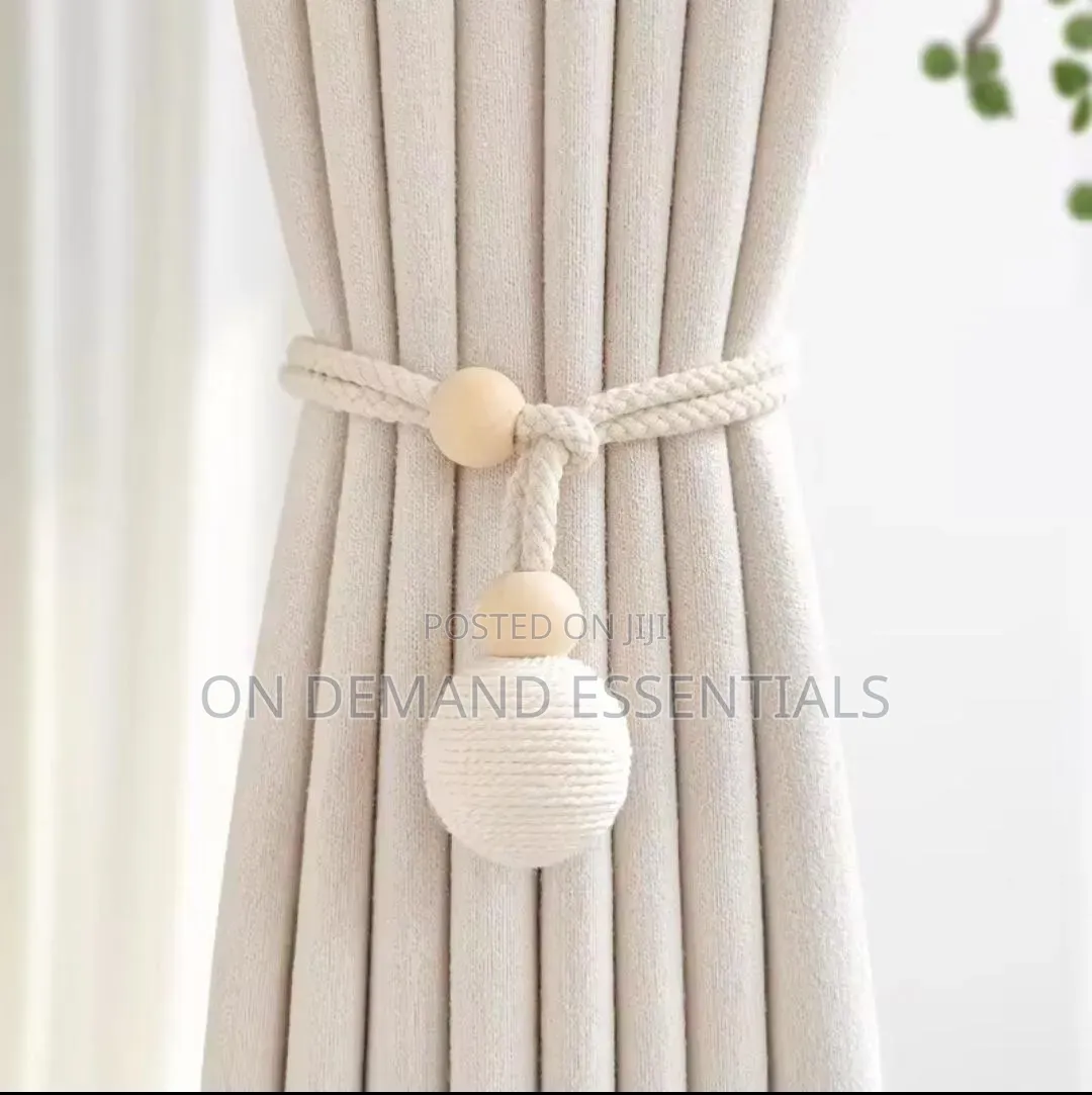 Curtain Tieback With Natural Wood Bead& Knotted Ball Pair