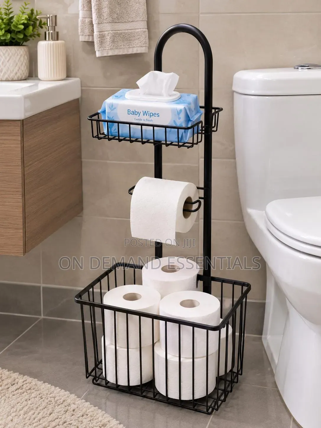 Free Standing Metallic Tissue/Toiletries Organizer. Black