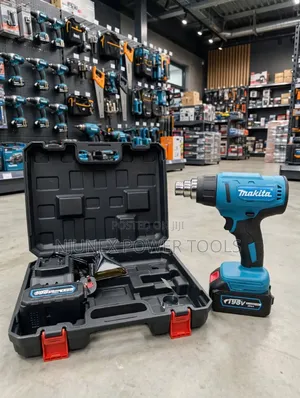 Makita-Style Cordless Heat Gun Kit With a 198V Max Battery Label.