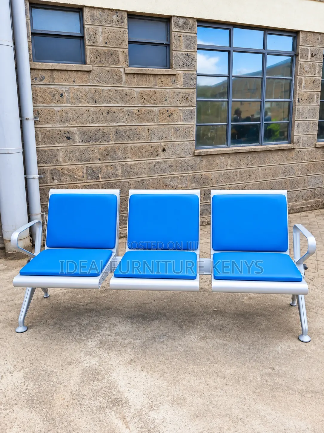 Modern Blue 3-Seater Waiting Bench – Chrome Frame Reception Chair