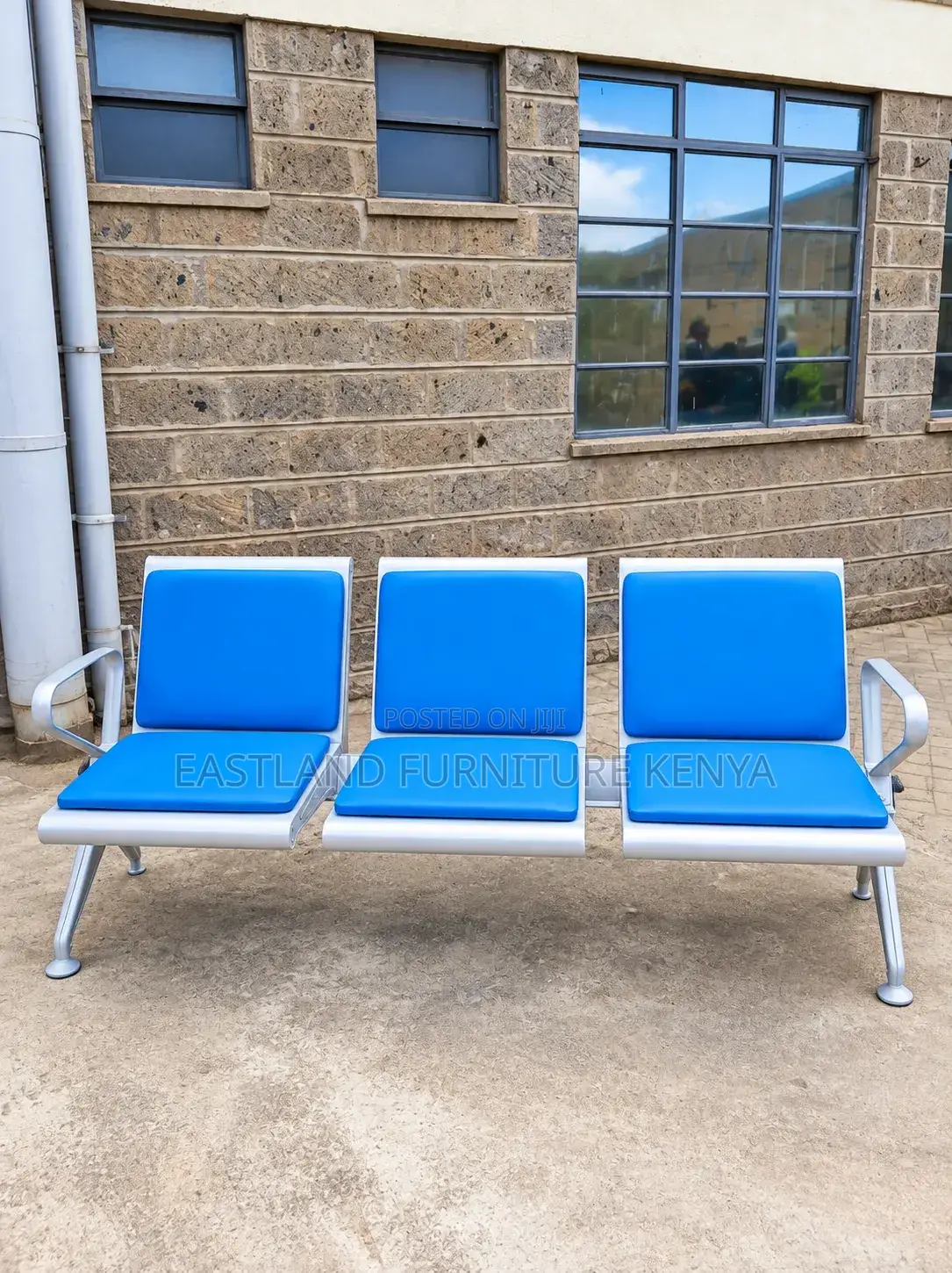Modern Blue 3-Seater Waiting Bench – Chrome Frame Reception Chair