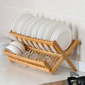 Wooden Dish Rack Folding 2 Tier Plate Holder Organizer