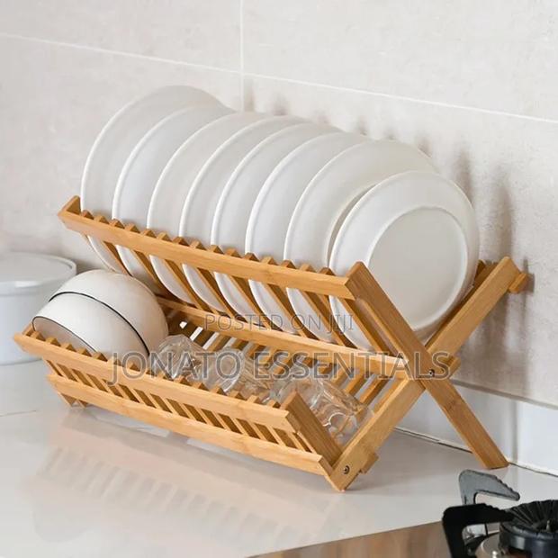 Wooden Dish Rack Folding 2 Tier Plate Holder Organizer