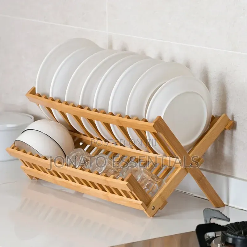 Wooden Dish Rack Folding 2 Tier Plate Holder Organizer