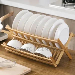 Wooden Dish Rack Folding 2 Tier Plate Holder Organizer
