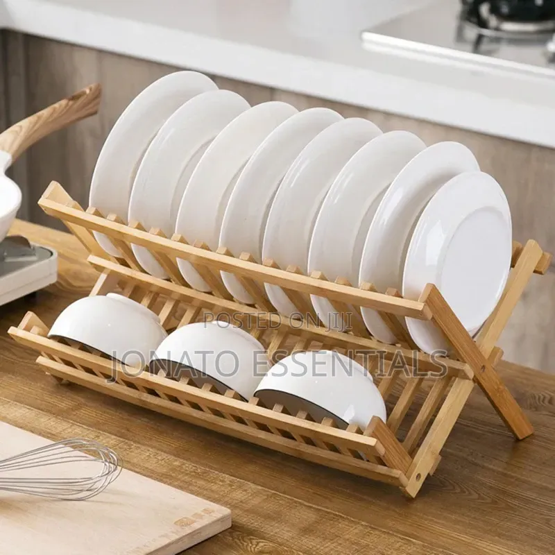 Wooden Dish Rack Folding 2 Tier Plate Holder Organizer