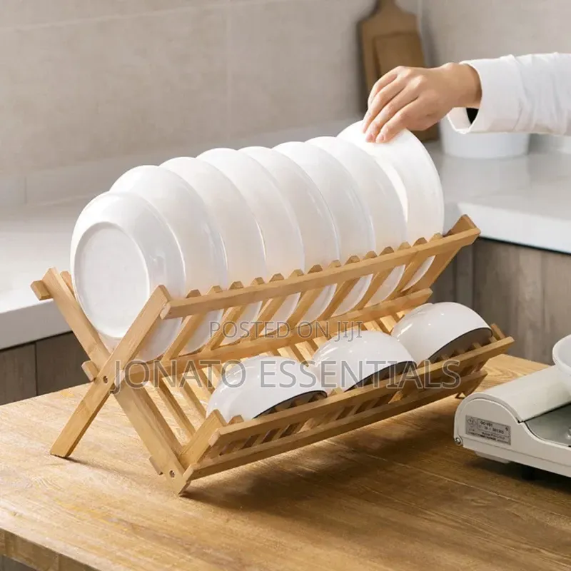 Wooden Dish Rack Folding 2 Tier Plate Holder Organizer