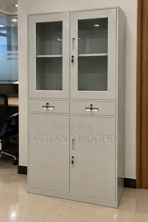 Steel Office Cabinet With Glass Doors and Drawers.