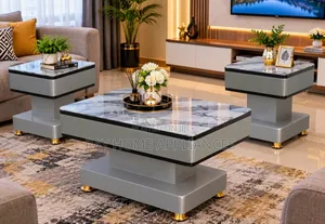 GREY COFFEE TABLE With Glass/Marble Topping With 2 Stools