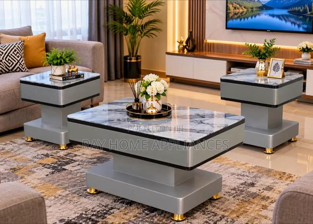 GREY COFFEE TABLE With Glass/Marble Topping With 2 Stools - thumbnail 2