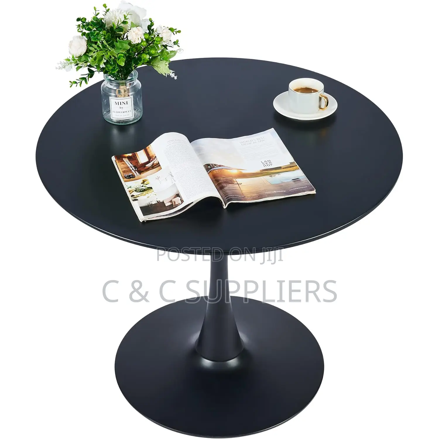 Black Round Pedestal Dining Table.