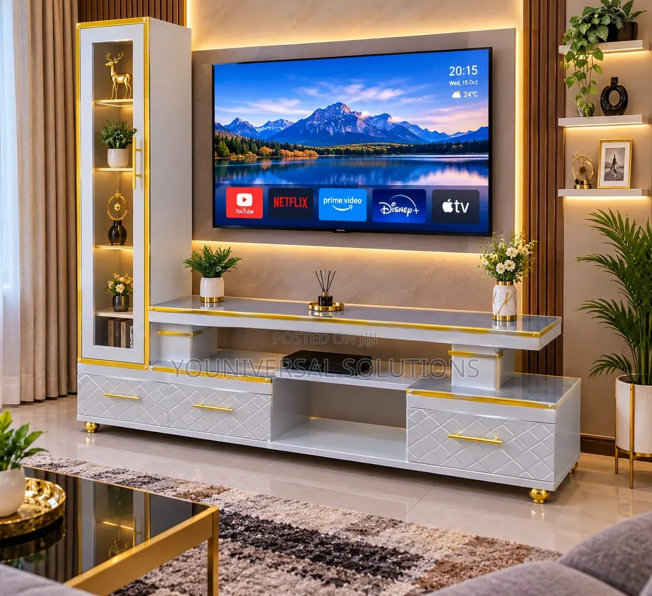 Executive Extended TV Stand With Marble Coating and Shelf Cabinet