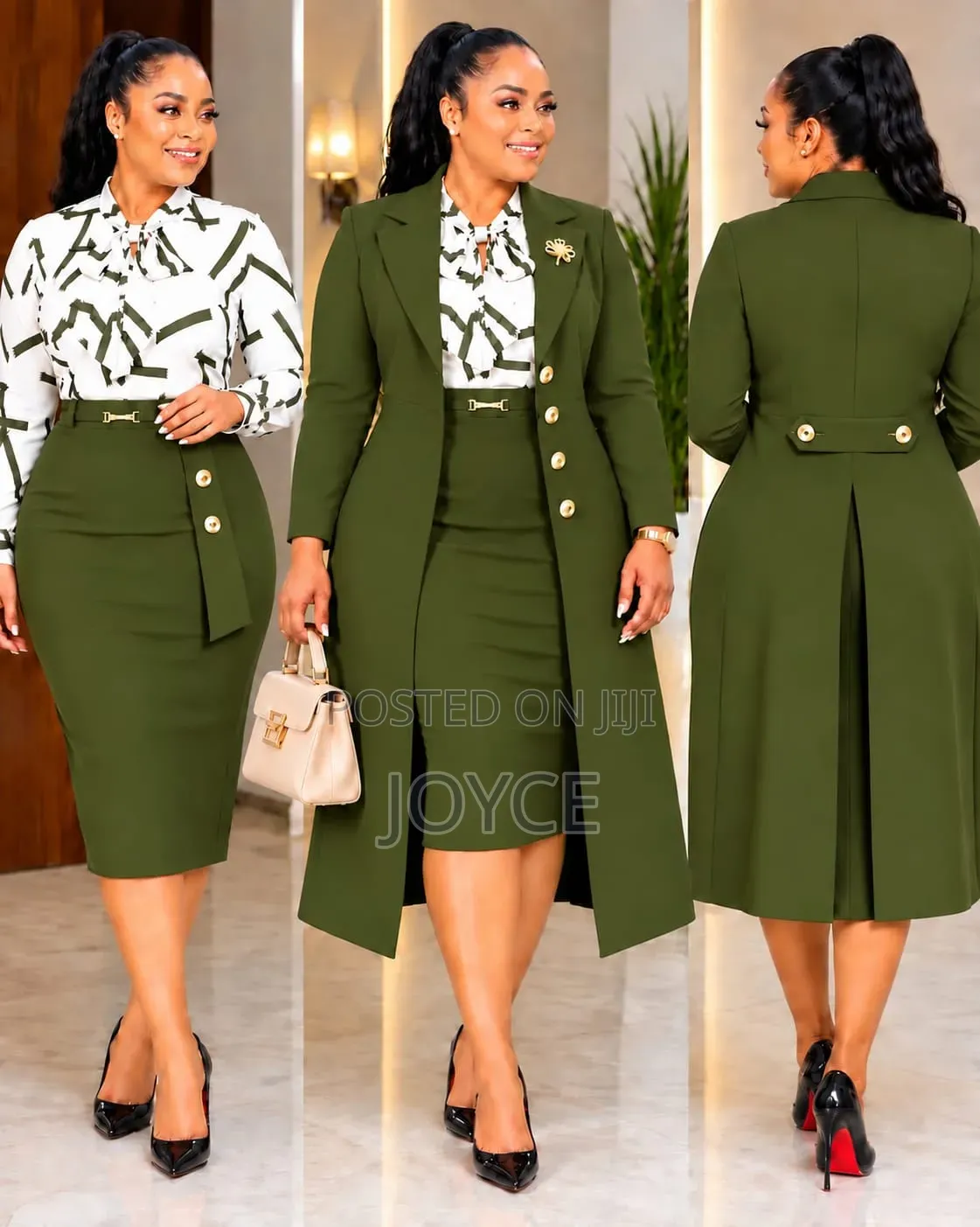 Combination of Fitting Dress With Bowtie and Long Plain Blazer