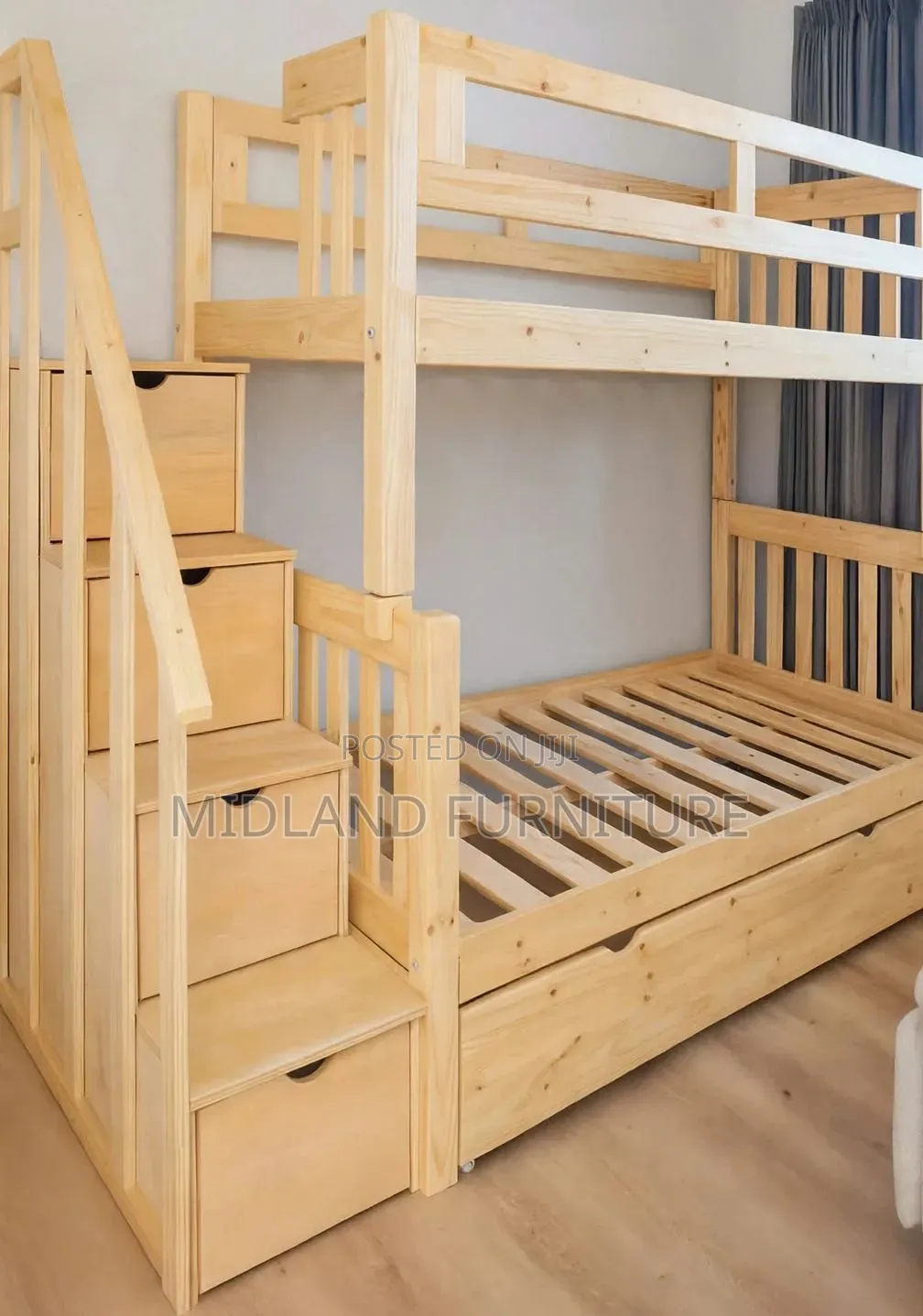 Solid Natural Woden Double Bunk Bed With Storage Available on Order