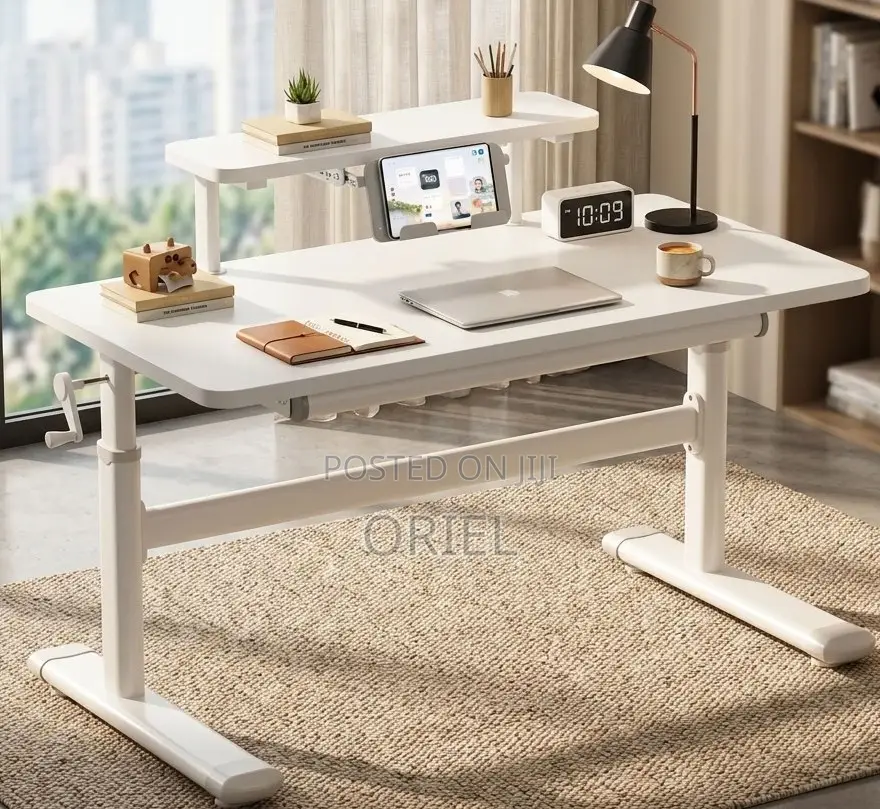 Manual Height-Adjustable White Work Desk – Modern Sit-Stand Table