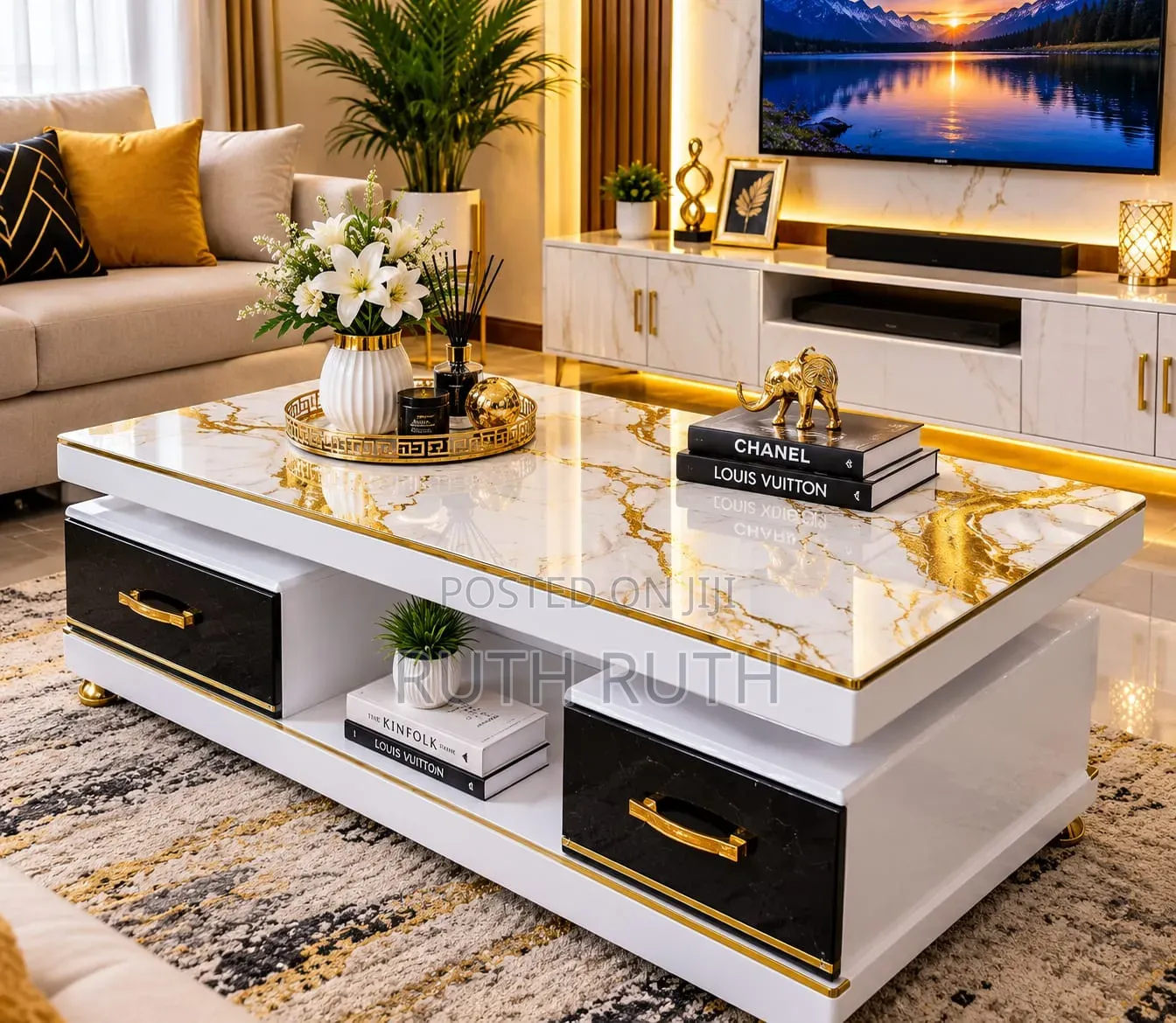 Executive White Coffee Table With Marble Topping