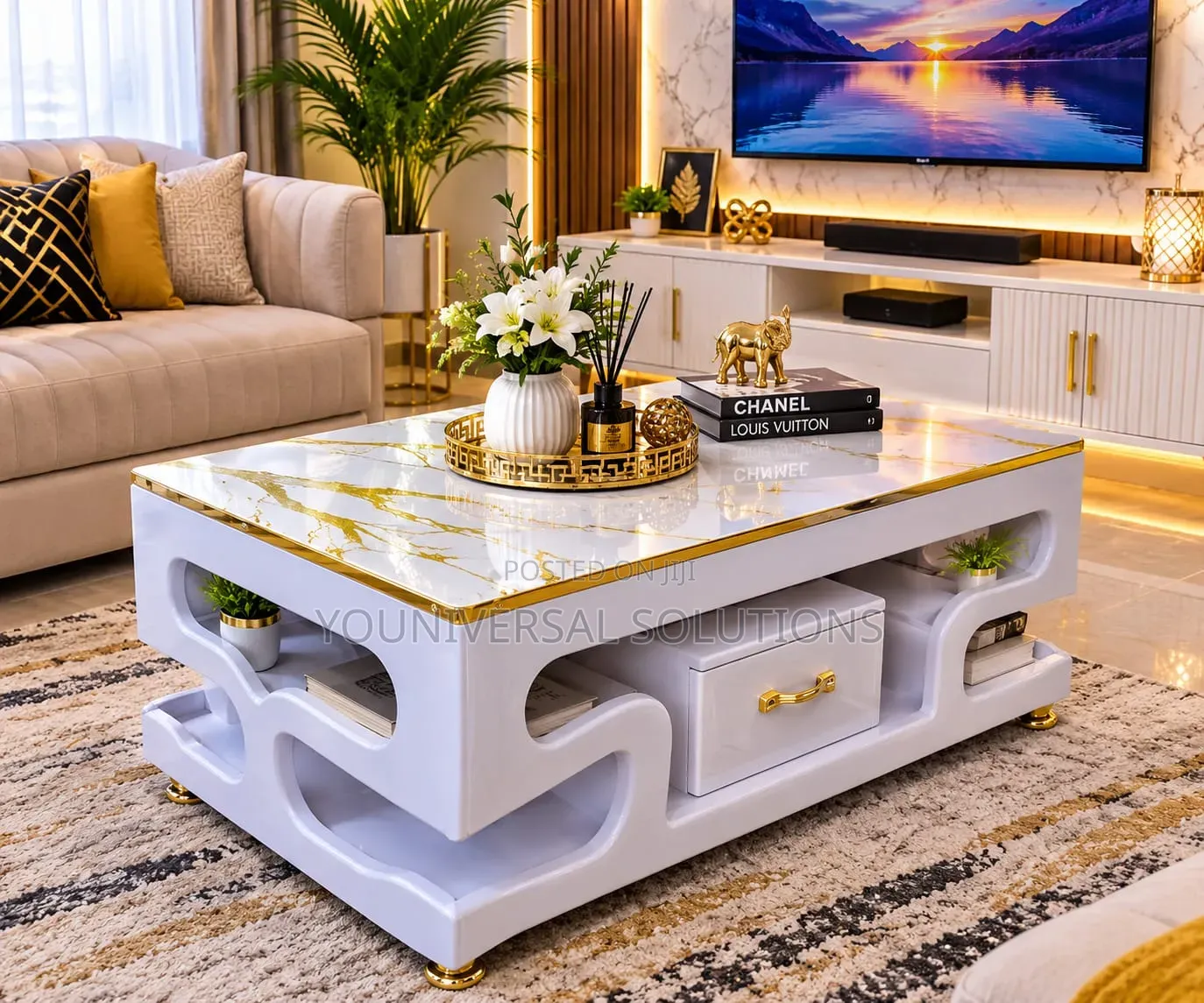 Executive White Coffee Table With Marble Topping