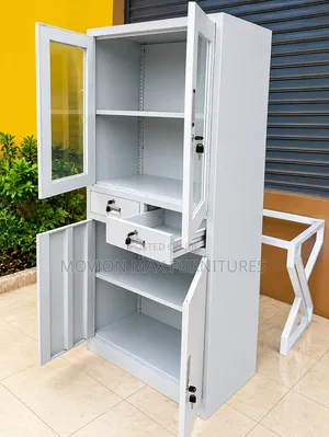 Steel Office Storage Cabinet With Glass Doors & Lockable Drawers