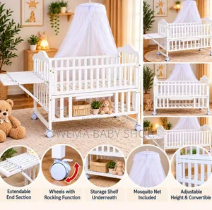 Wheeled Multi-Functional Wooden Baby Crib (Mattress+ Net)