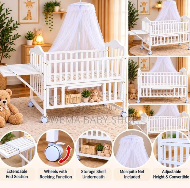 Wheeled Multi-Functional Wooden Baby Crib (Mattress+ Net)