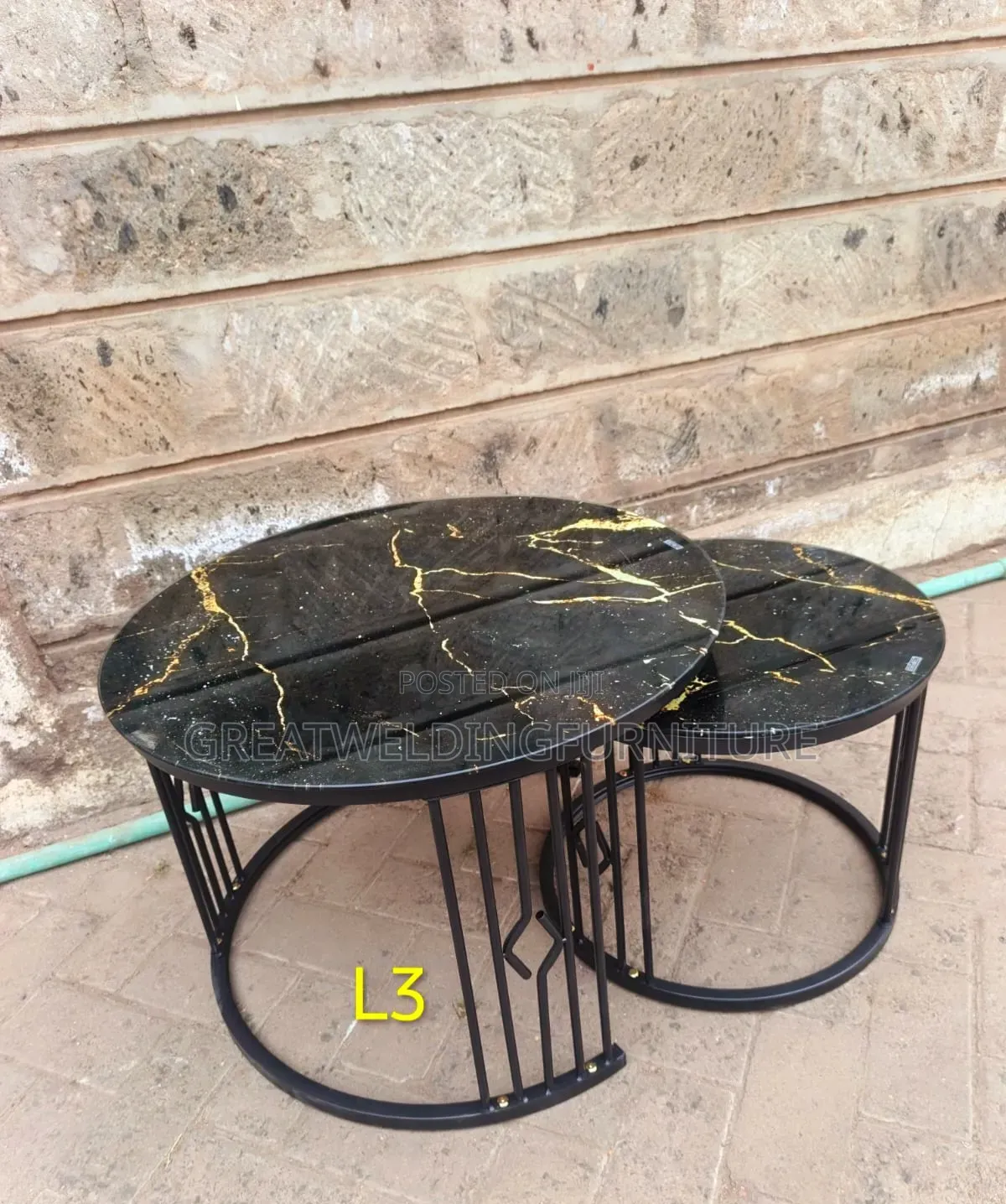Modern Black and Gold Marble-Effect Glass-Top Nesting Coffee Tables