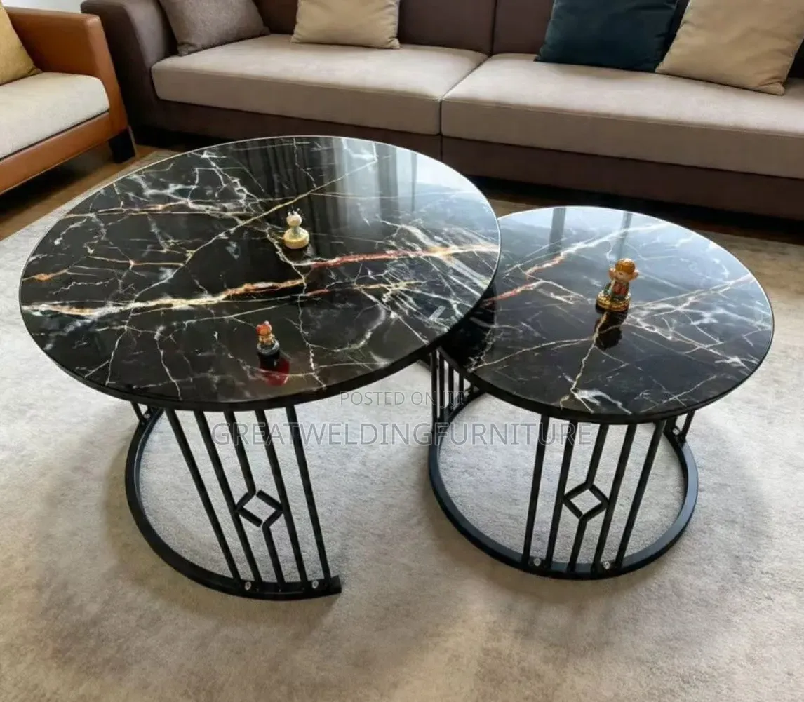 Modern Black and Gold Marble-Effect Glass-Top Nesting Coffee Tables