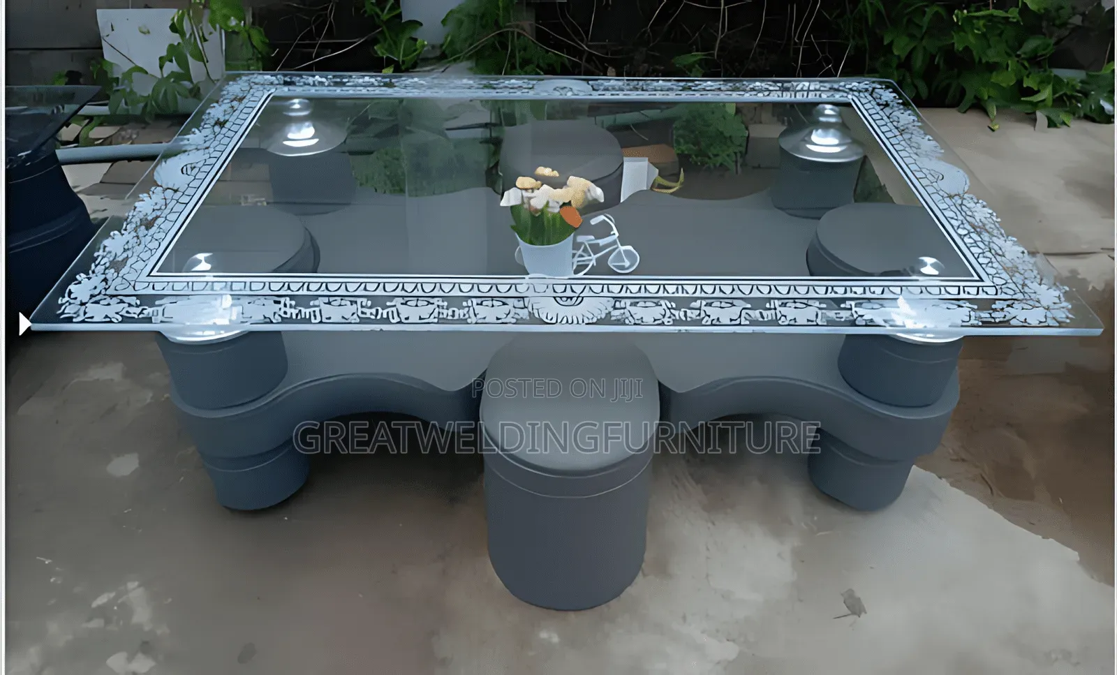 Puff Glass Coffee Table Set With 4 Stools