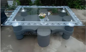 Puff Glass Coffee Table Set With 4 Stools