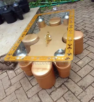Unique Stylish Puff Glass Coffee Table Set With Stools