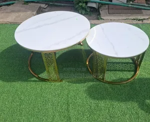 White Faux Marble Tops With Gold Lattice Metal Bases