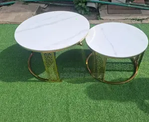 White Faux Marble Tops With Gold Lattice Metal Bases