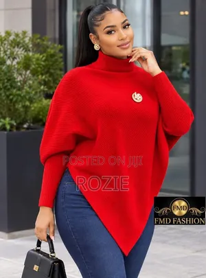 Women’s Red Ribbed Turtleneck Sweater Oversized Loose Fit