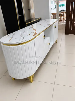 Luxury White & Gold Fluted TV Stand – Modern Marble-Top Entertainment.