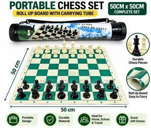 Portable Chess 50x50cm Roll Up Board With Chess Pieces Carrying Tube