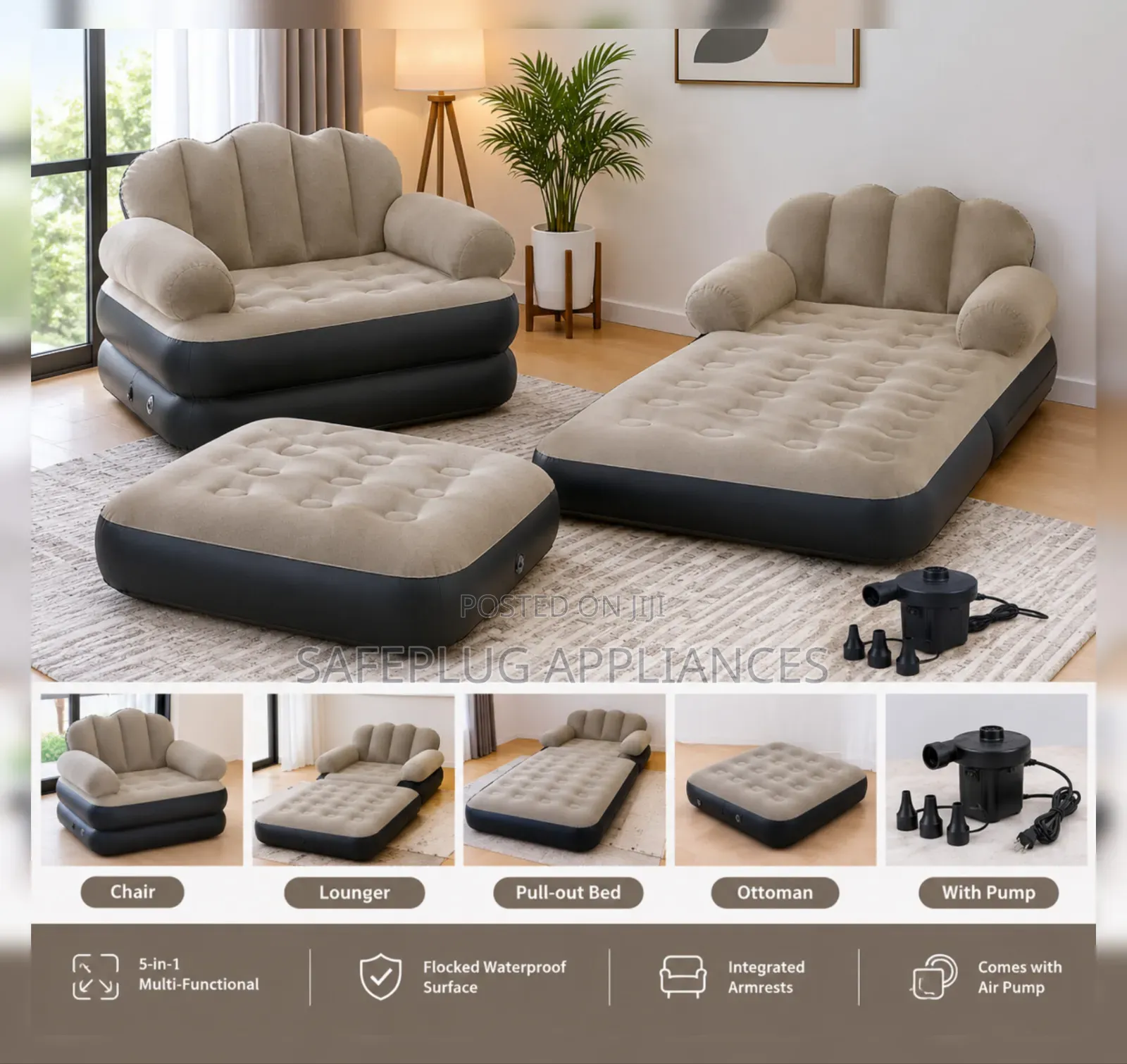 5-in-1 Sofa Air Bed With Armrests & Inflatable Pump