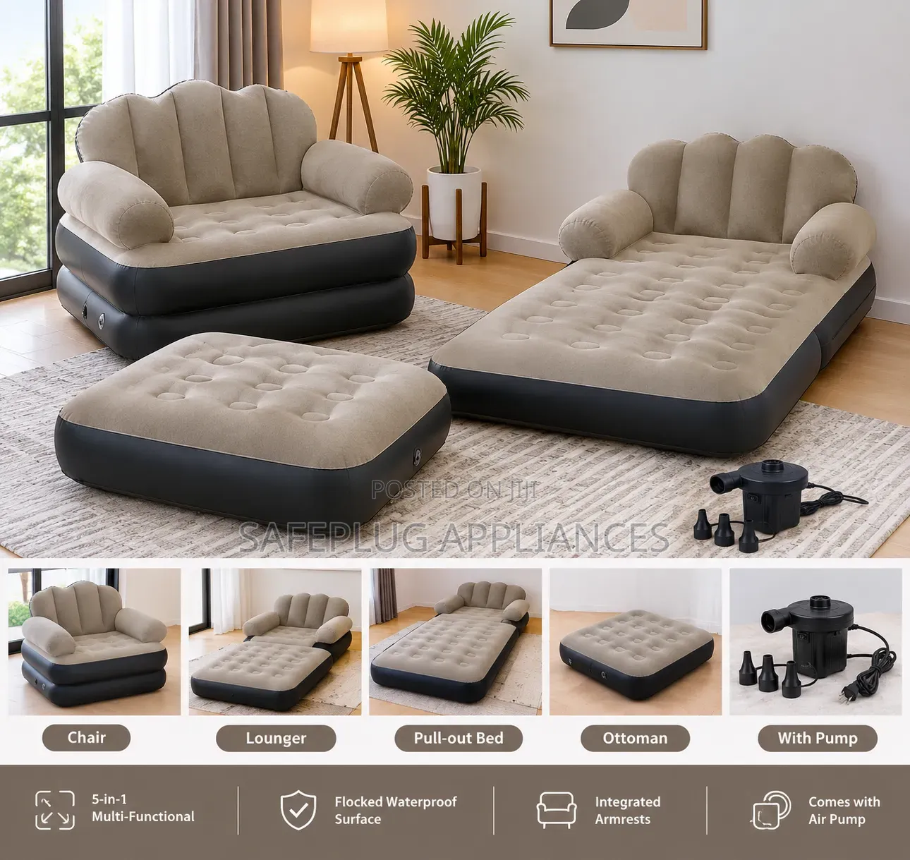 5-in-1 Sofa Air Bed With Armrests & Inflatable Pump